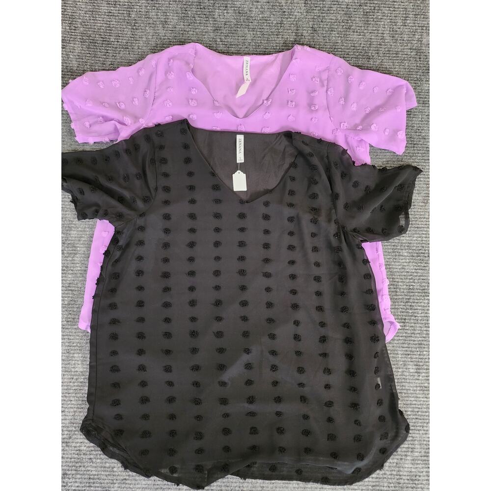 Zenana Womens Large Lot of 2 Short Sleeve Swiss Dot Blouse V-Neck Black Purple - Picture 2 of 10